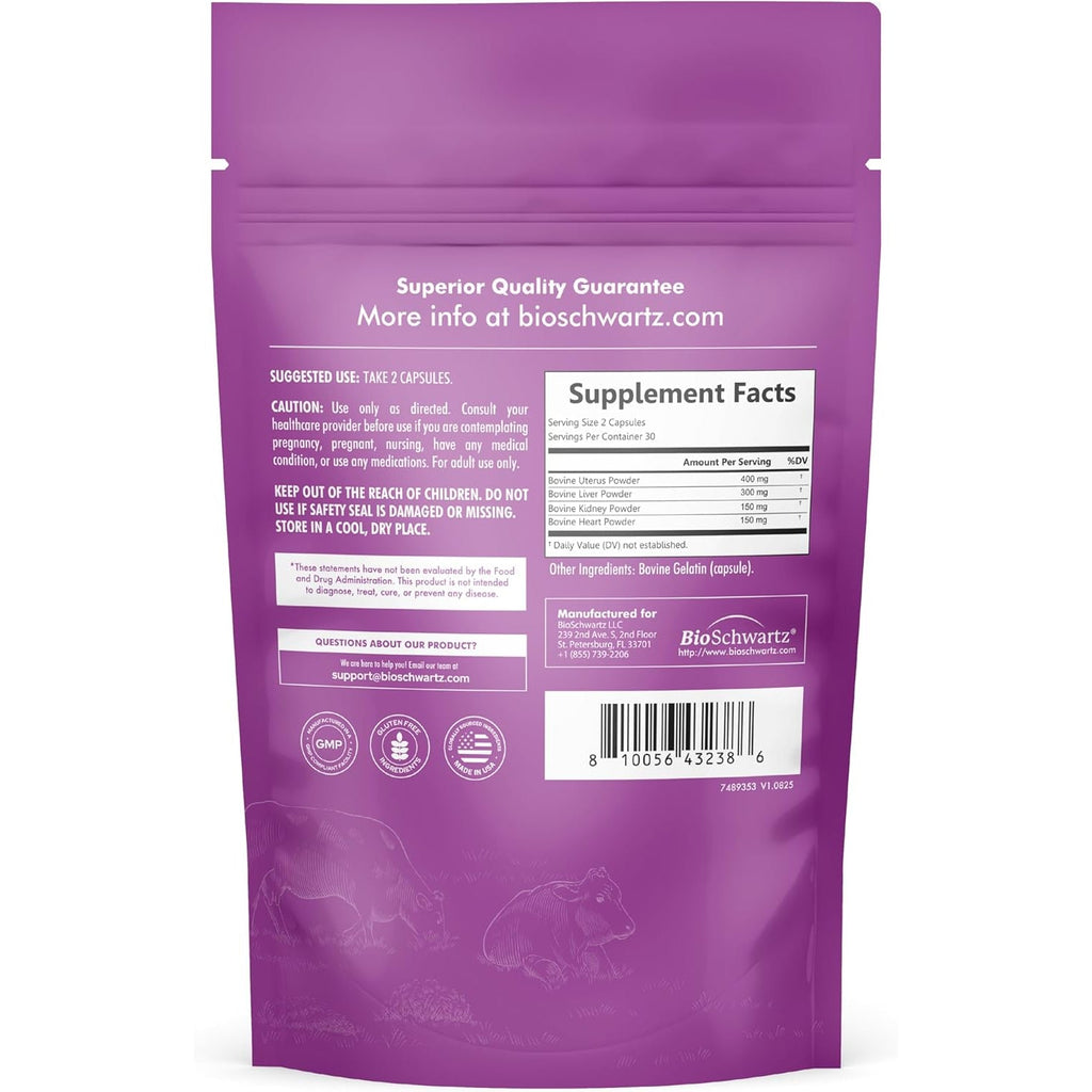 Bioschwartz Primal Beef Organ Supplement for Women - 60 Capsules - Grass-Fed & Pasture-Raised - Supports Healthy Hair Skin and Nails, Hormone Balance - with Bovine Liver, Kidney, Heart, Uterus Powder
