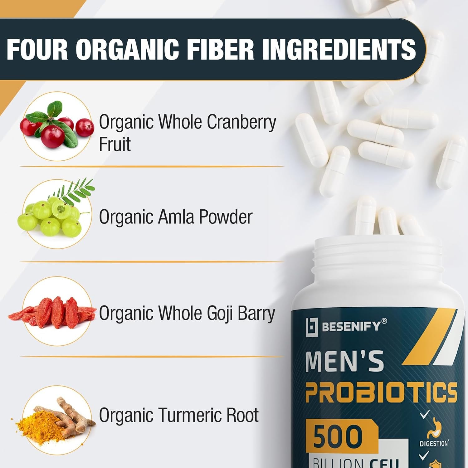 Probiotics for Men, 500 Billion Cfus & 12 Strains, Men'S Probiotic with Turmeric, Cranberry, Goji - Probiotics for Digestive Health, Immune, Stomach, Bloating & Gut Health for Men, 60 Pro Biotics Caps