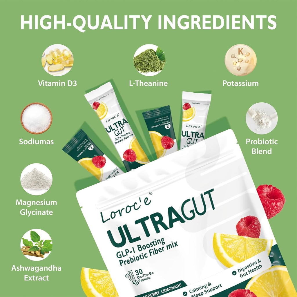 Ultragut GLP-1 Booster Fiber Mix Drink, Cortisol Reducer & Sleep Aid, for Weight Loss & Gut Health - with Prebiotics, Magnesium Glycinate, L-Theanine, Ashwagandha, Vitamin D, No Sugar, 30 Servings