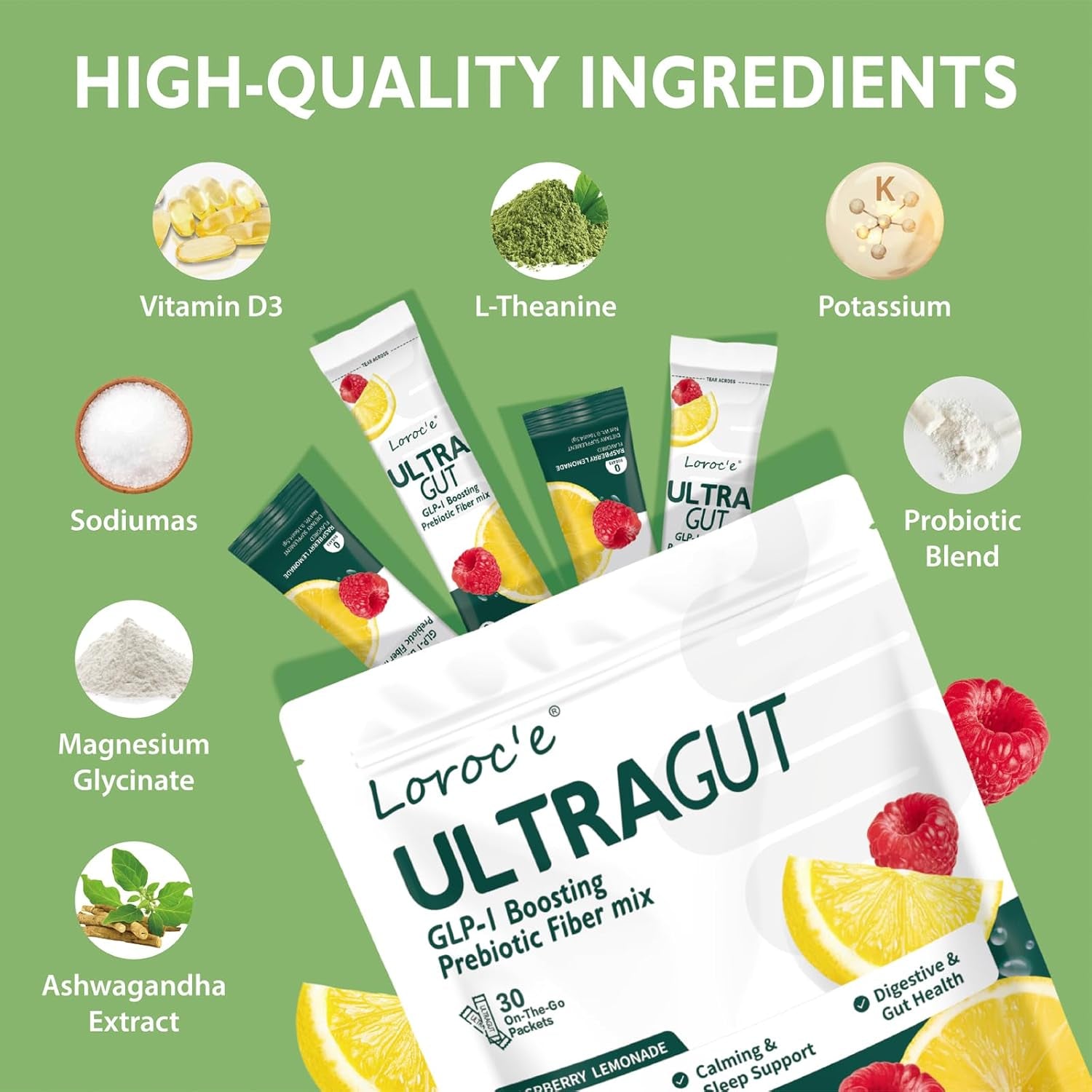 Ultragut GLP-1 Booster Fiber Mix Drink, Cortisol Reducer & Sleep Aid, for Weight Loss & Gut Health - with Prebiotics, Magnesium Glycinate, L-Theanine, Ashwagandha, Vitamin D, No Sugar, 30 Servings