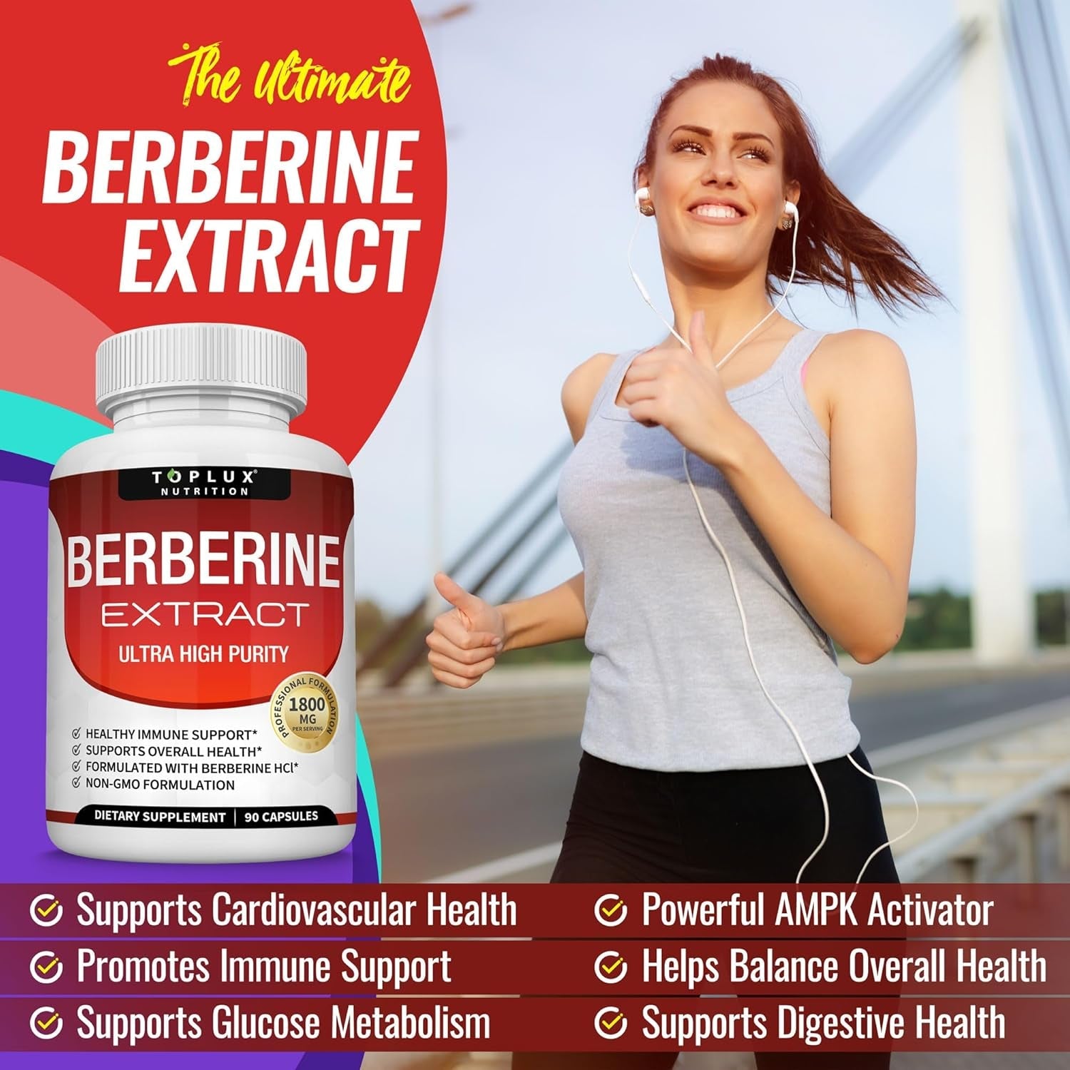 Toplux Berberine Supplement 1800Mg - Berberine HCL 97% Tested Ultra High Purity Premium Berberine Extract to Support Overall Health, High Potency Berberine plus Non-Gmo Vegan Men Women, 90 Capsules