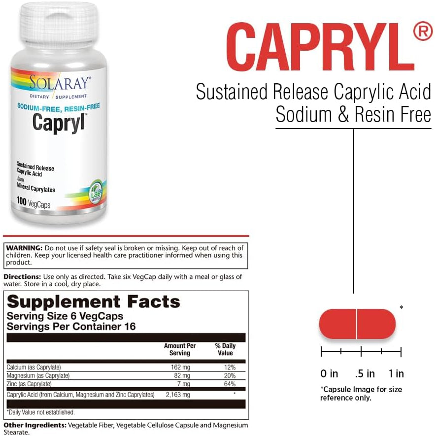 SOLARAY Capryl | Sustained Release Caprylic Acid | Healthy Gastrointestinal Tract Support | 16 Servings | 100 Vegcaps