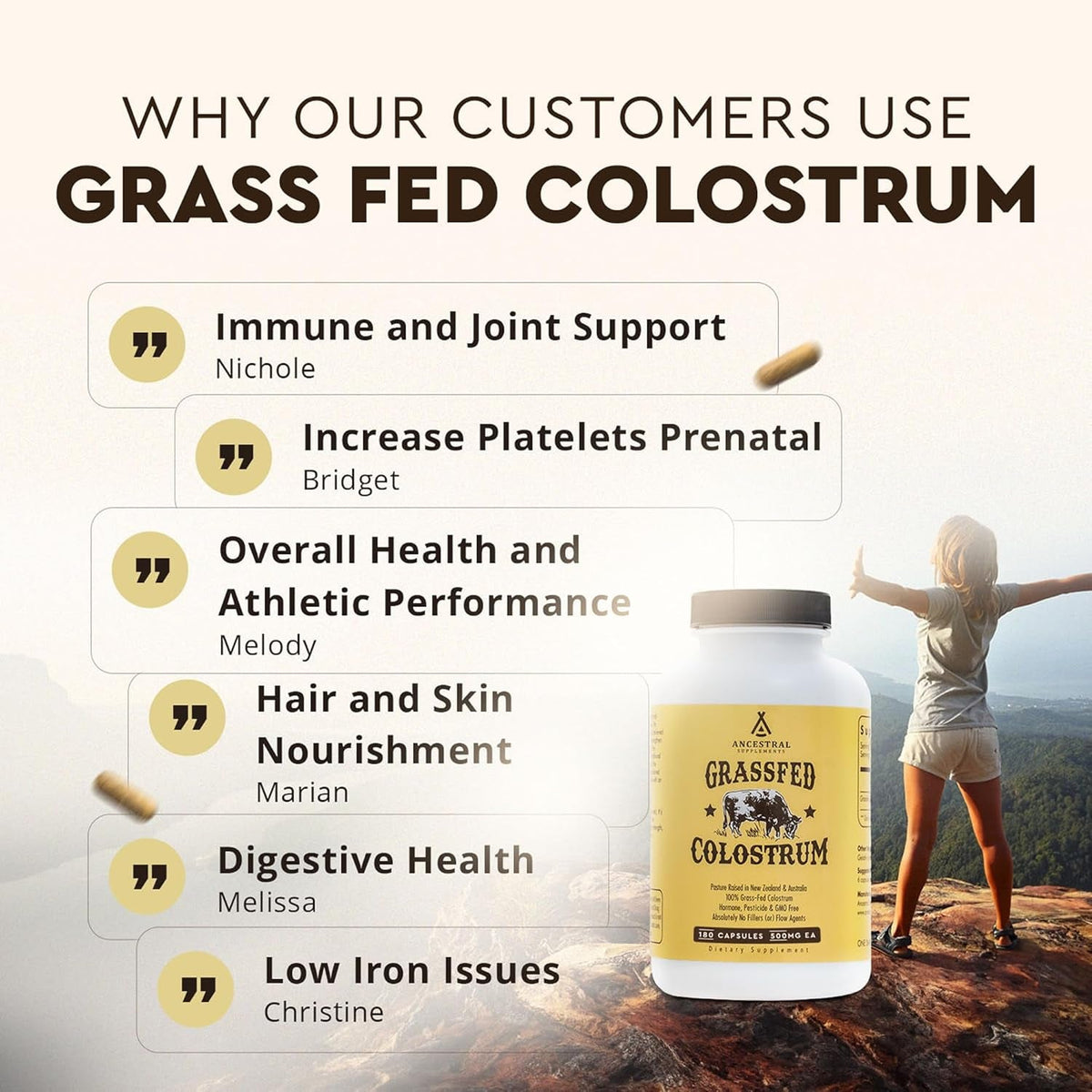 Ancestral Supplements Grass Fed Beef Colostrum Supplement, 3000 Mg, Offers Immune Support and Promotes Gut Health, Athletic Performance, Healthy Iron Levels, Growth and Repair, Non GMO, 180 Capsules