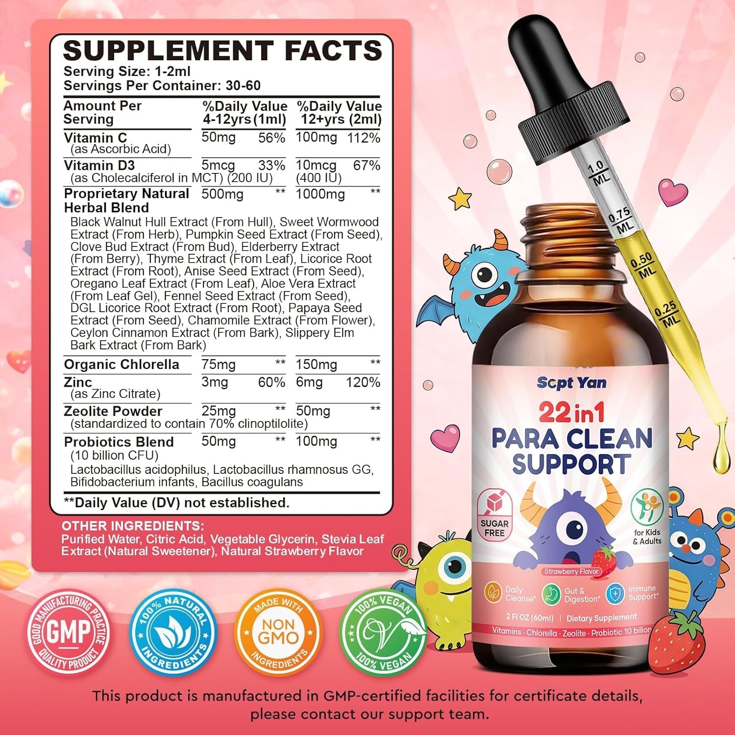 22 in 1 Parasite Cleanse for Humans & Kids, Herbal Gut Cleanse Liquid Drops with Wormwood, Black Walnut, Clove, Chlorella, Oregano, Digestive Health Support - Strawberry Flavor, 2 Fl Oz