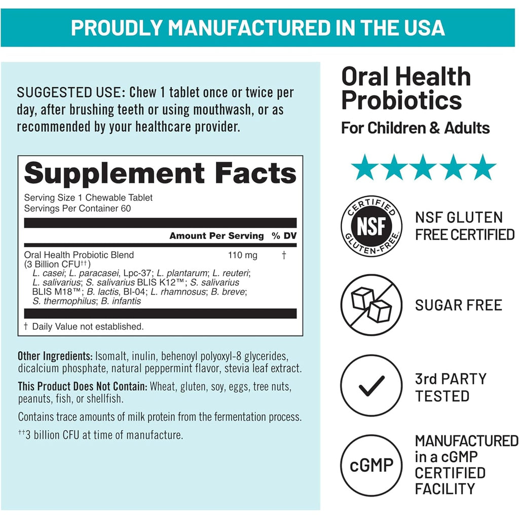 Naturewise Oral Probiotics for Mouth Bad Breath - Chewable Sugar-Free Mint - Lactobacillus Reuteri Chewable - Oral Probiotics for Kids & Adults - Non-Gmo USA Manufactured - 60 Count[60-Day Supply]
