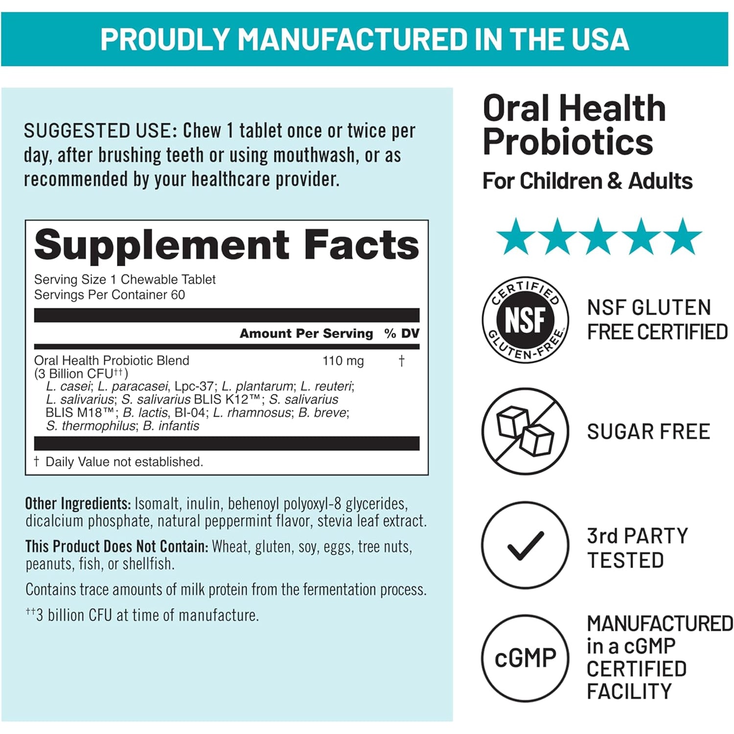 Naturewise Oral Probiotics for Mouth Bad Breath - Chewable Sugar-Free Mint - Lactobacillus Reuteri Chewable - Oral Probiotics for Kids & Adults - Non-Gmo USA Manufactured - 60 Count[60-Day Supply]