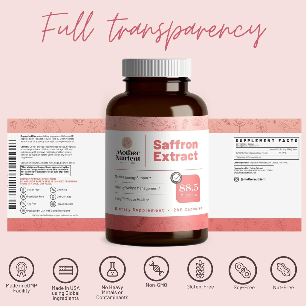 Mother Nutrient - Saffron Extract Supplements for Women & Men, Pure Saffron Extract Supplement, Pure Crocus Sativus - Non-Gmo, Vegan-Friendly, 88.5Mg per Serving - 240 Veggie Capsules, 7-Month