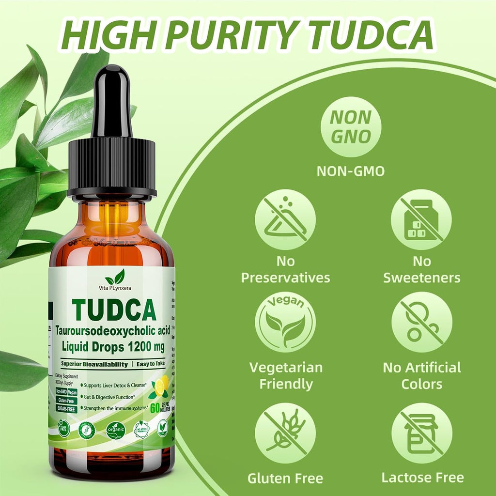 Pure TUDCA Bile Salts Liquid Drops 1200Mg (Tauroursodeoxycholic Acid) Premium Liver Support, Bile Flow & Gallbladder Cleanse Supplement丨High Absorption Liquid | Non-Gmo | 3Rd Party Tested | 2 Fl Oz