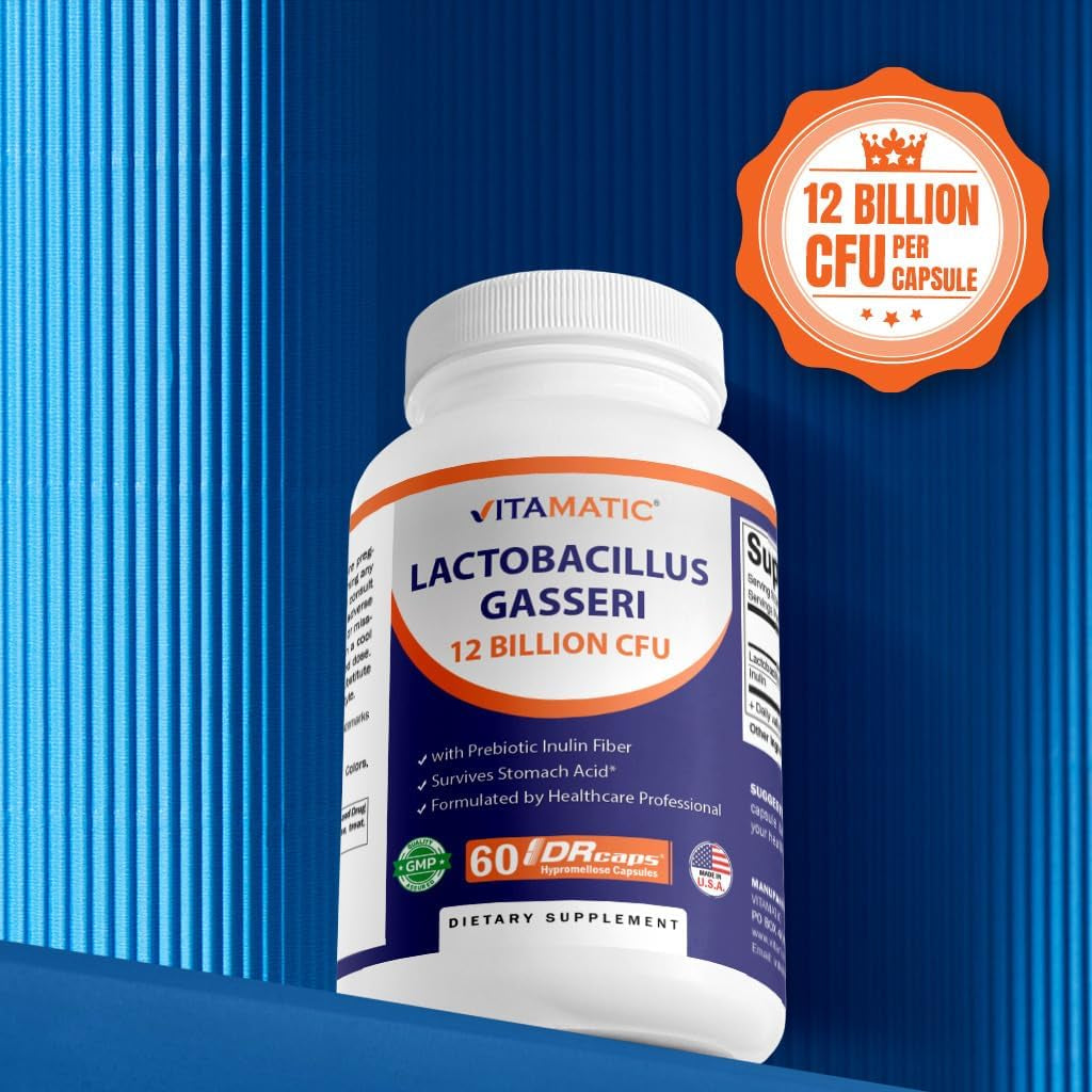 Vitamatic Lactobacillus Gasseri - 12 Billion per DR Capsule - 60 Count - Digestive Support - Made with Prebiotic Inulin Fiber
