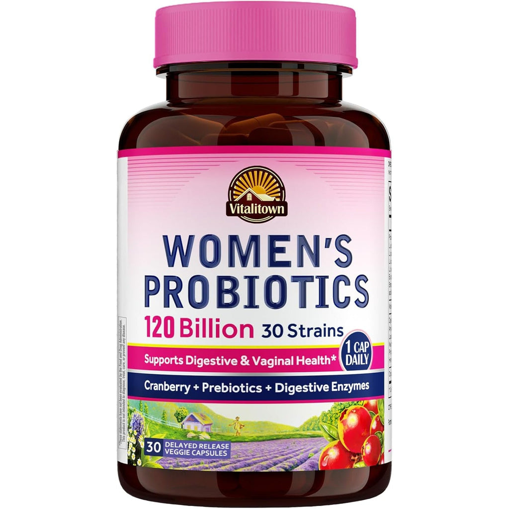 Vitalitown Probiotics for Women 120 Billion Cfus, 30 Strains, with Prebiotics & Digestive Enzymes & Cranberry, Gut & Vaginal Health, Vegan 30 (Pack of 1) Delayed Release Caps