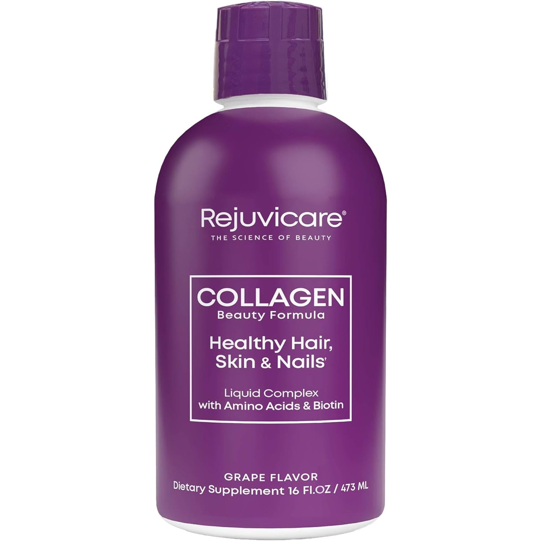 Rejuvicare Liquid Collagen Beauty Formula with Amino Acids, Protein and Biotin, Delicious Grape Flavor, Purple 16 Oz ,32 Servings