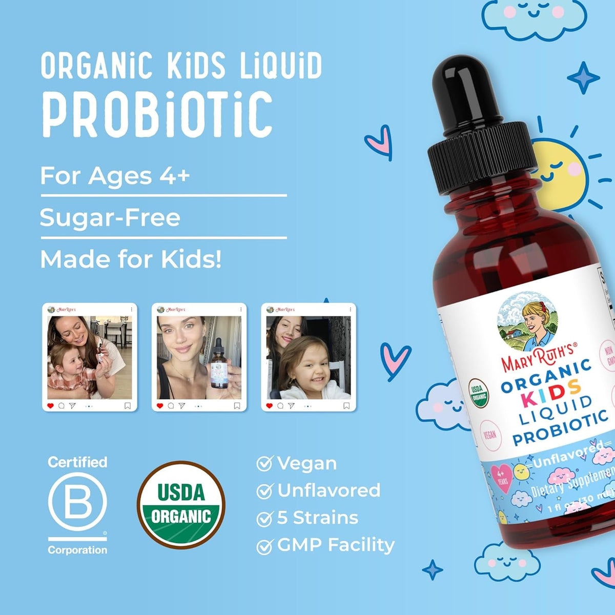 MARYRUTH'S Organics Kids Probiotic Liquid Drops | USDA Organic Probiotics for Digestive Health | Ages 4+ Gut Health & Immune Support Supplement | Overall Health | Vegan | Non-Gmo | 1 Fl Oz