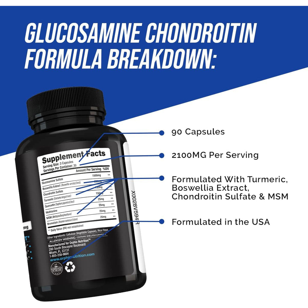 ORPHIC NUTRITION Glucosamine Chondroiting MSM 2100MG (90 Caps) - Joint Support Supplement for Men & Women* - Supports Joint Cartilage & Mobility