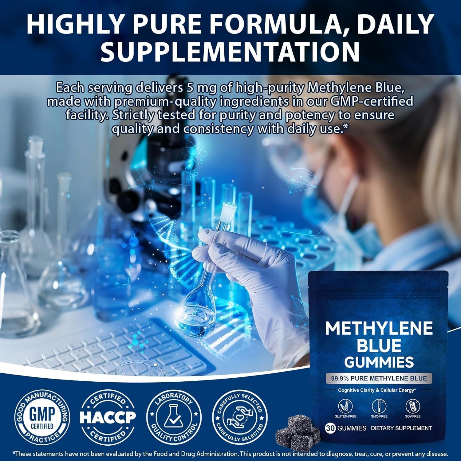 Methylene Blue Gummies 5Mg per Serving, Supports Cognitive Function, Cellular Energy, Mental Focus, Antioxidant Activity, 99.9% Pure | 30 Gummies