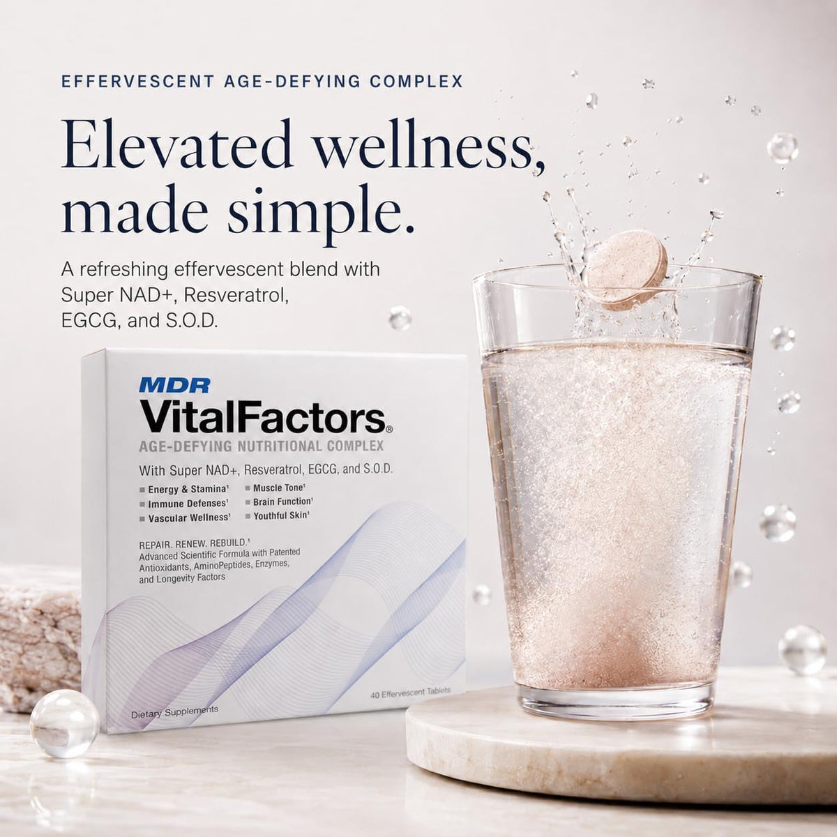 MDR Vitalfactors NAD+ Anti-Aging Drink Mix – Doctor Formulated Effervescent Tablets with Resveratrol, SOD, B12 & D3 – Supports Energy, Cellular Health & Vitality – 40 Tablets, Trusted since 1984