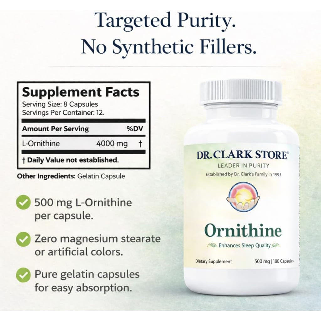 Dr Clark Ornithine Dietary Supplement - Gluten Free, Natural Sleep Aid, Promotes Protein Metabolism, Cleansing and Detoxification, 500Mg, 100 Gelatin Capsules
