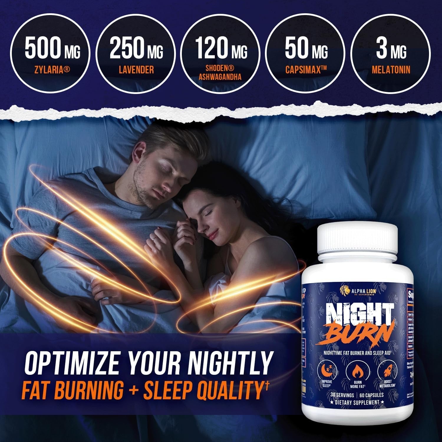 ALPHA LION Night Burn, Metabolism Booster for Weight Loss, Less Body Fat, More Muscle, Promotes Lean Body, Calorie Burning Supplement, Relax Better, Promote Healthy Cortisol (60 Capsules)