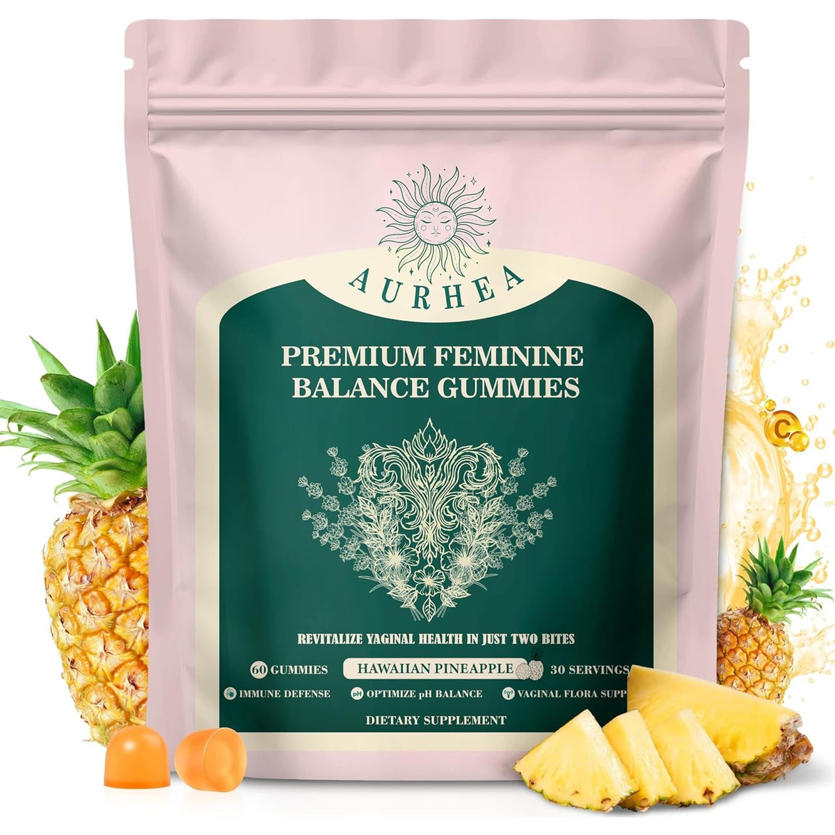 Premium Feminine Balance Gummies for Women - Ph Balance & Wellness Support with Hawaiian Pineapple, Vegan Gluten-Free Supplement - 60 Count