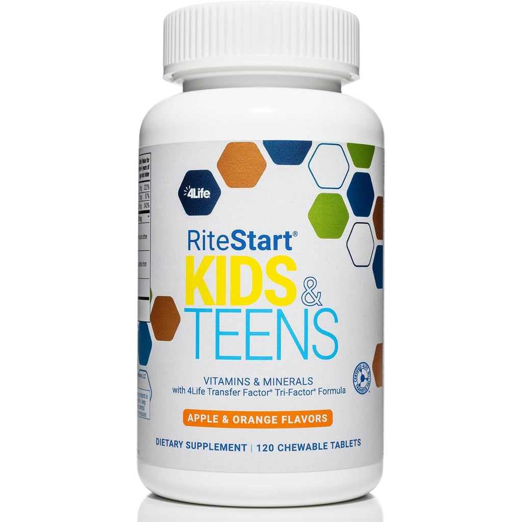 4Life Ritestart Kids and Teens- Apple, Orange Flavors, 22 Essential Vitamins, Minerals, Immune System and Brain Support Ages 2+ - 120 Chewable Tablets