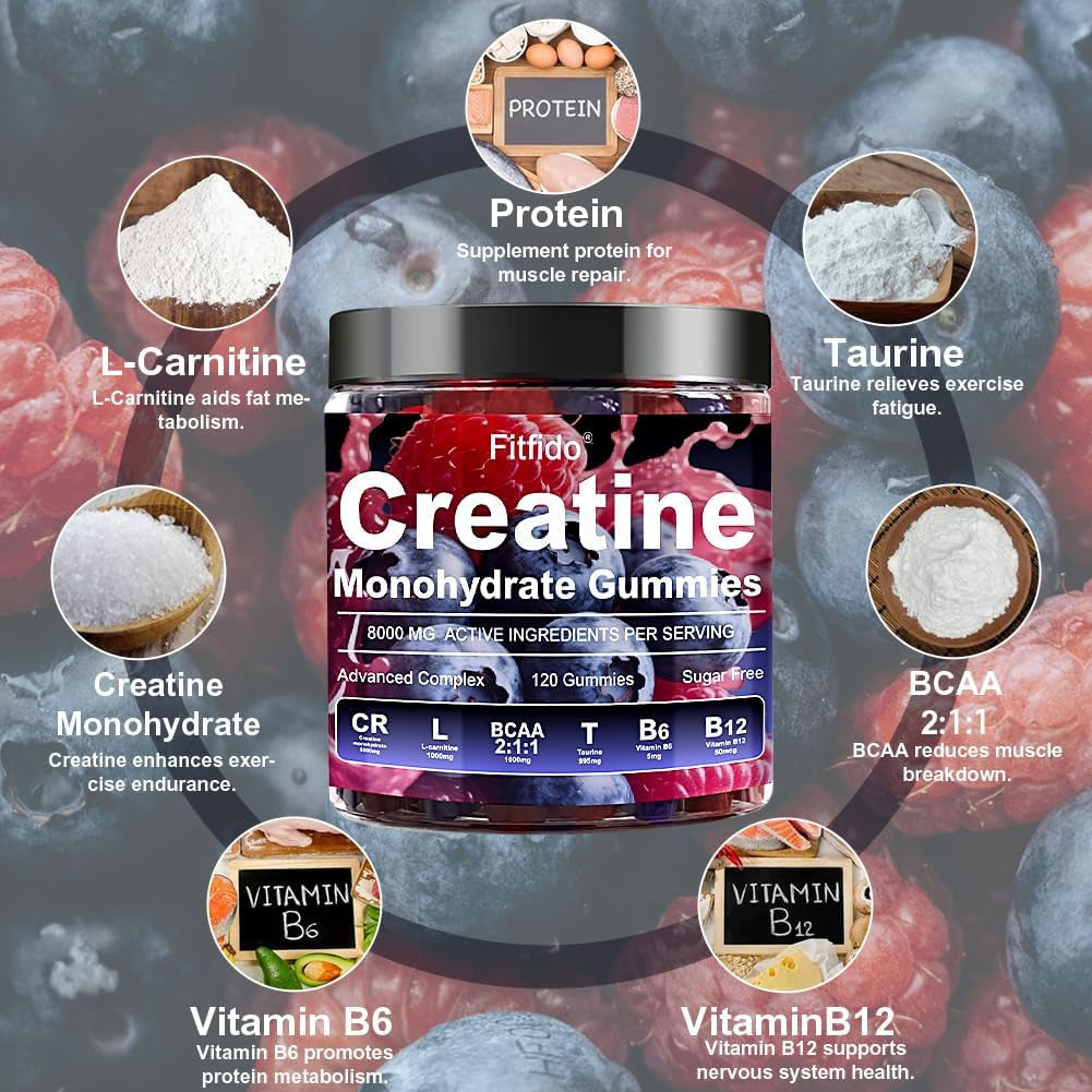 Creatine Monohydrate Gummies Complex 5000Mg for Men and Women, Containing L-Carnitine & Taurine, Build Muscle, Boost Energy, Faster Recovery, Sugar Free & Vegan, Raspberry & Blackberry, 120 Count