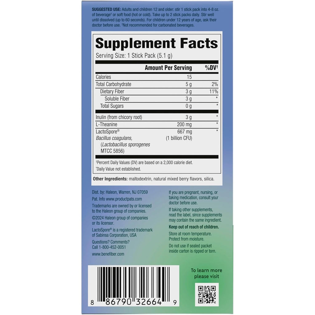 Benefiber Dual Action Biotic plus Stress Relief, 18 Count Stick Packs