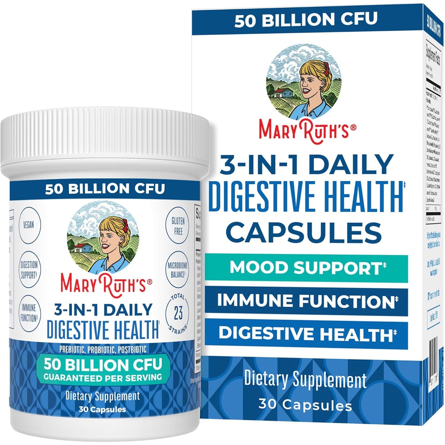 MARYRUTH'S 3-In-1 Probiotics for Digestive Health | Prebiotic & Postbiotic | Gut Health Supplement for Women & Men | 23 Unique Strains | Immune Support | 50 Billion CFU | 30 Servings