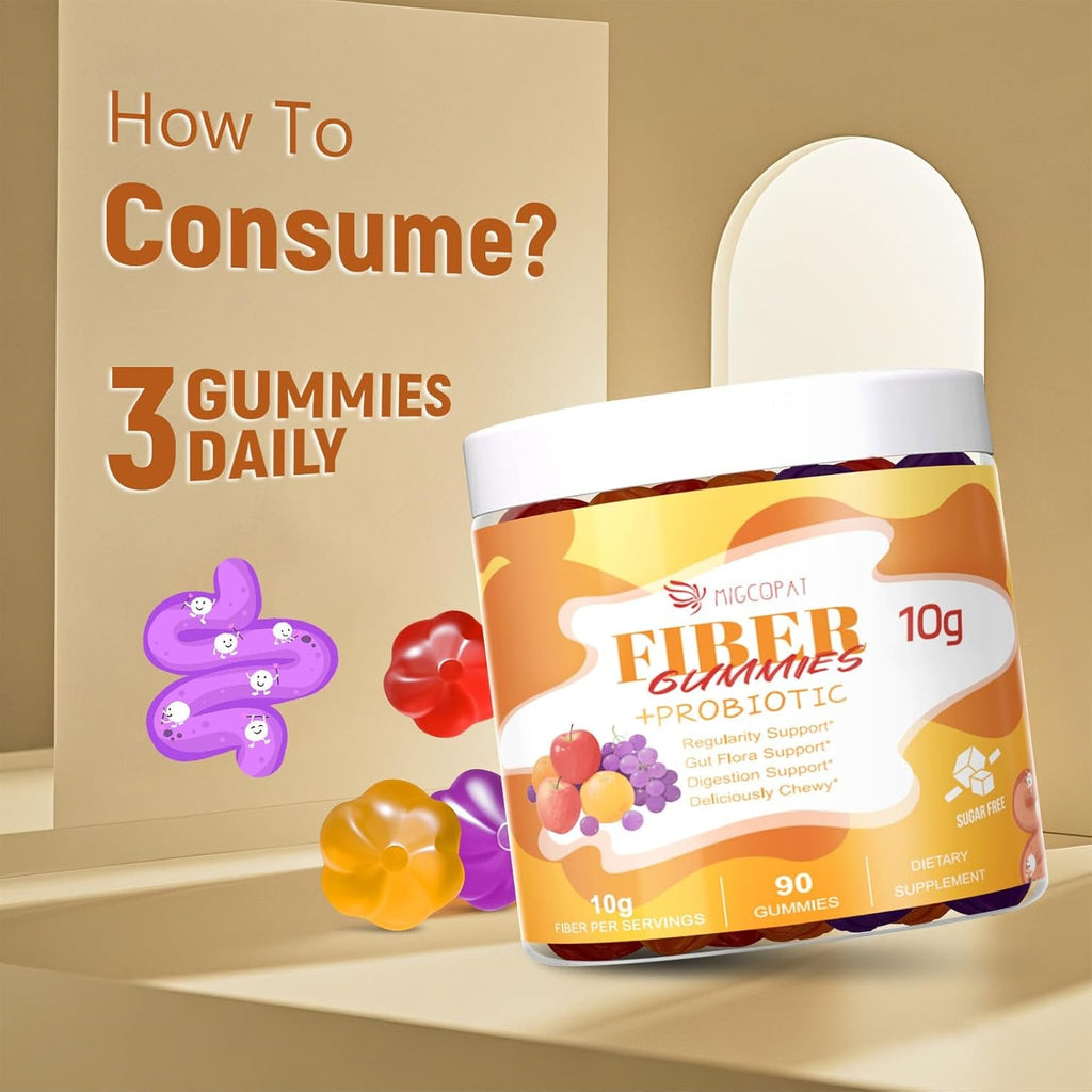 Migcopat 10G Fiber Gummies with Probiotics, Fiber Supplement with 30 Billion CFU Probiotics Blend, ACV, Vitamin C, Inulin - Support Digestive Health - No Sugar Added - Fruit Flavored - 90 Count
