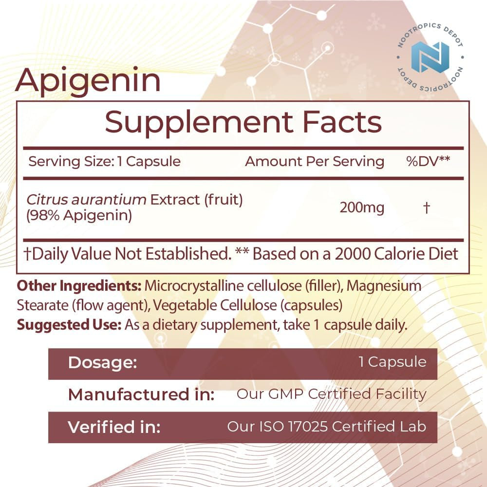 Nootropics Depot Apigenin Capsules | 200Mg | 30 Count | >98% Apigenin | Supports Healthy Stress Levels