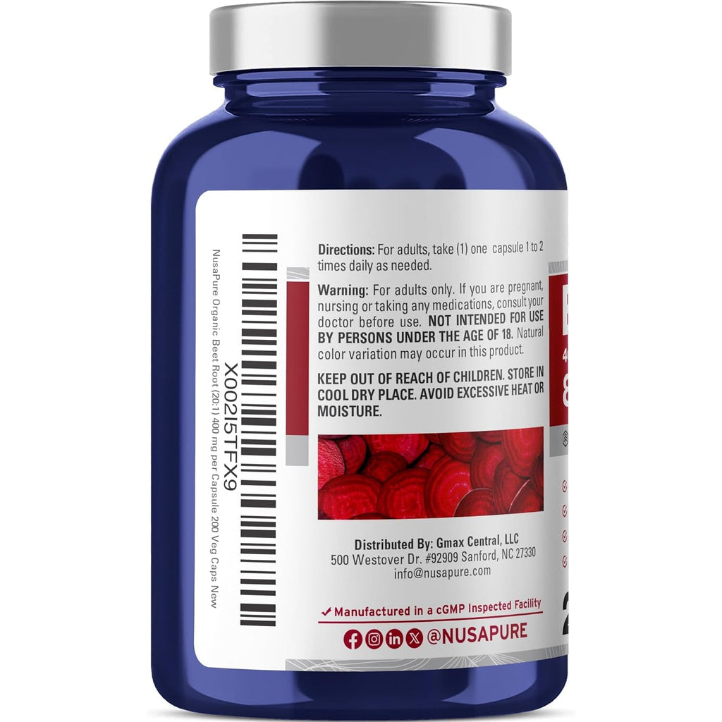 Nusapure Organic Beet Root, 400 Mg, 200 Veg Capsules (Vegan, Non-Gmo)