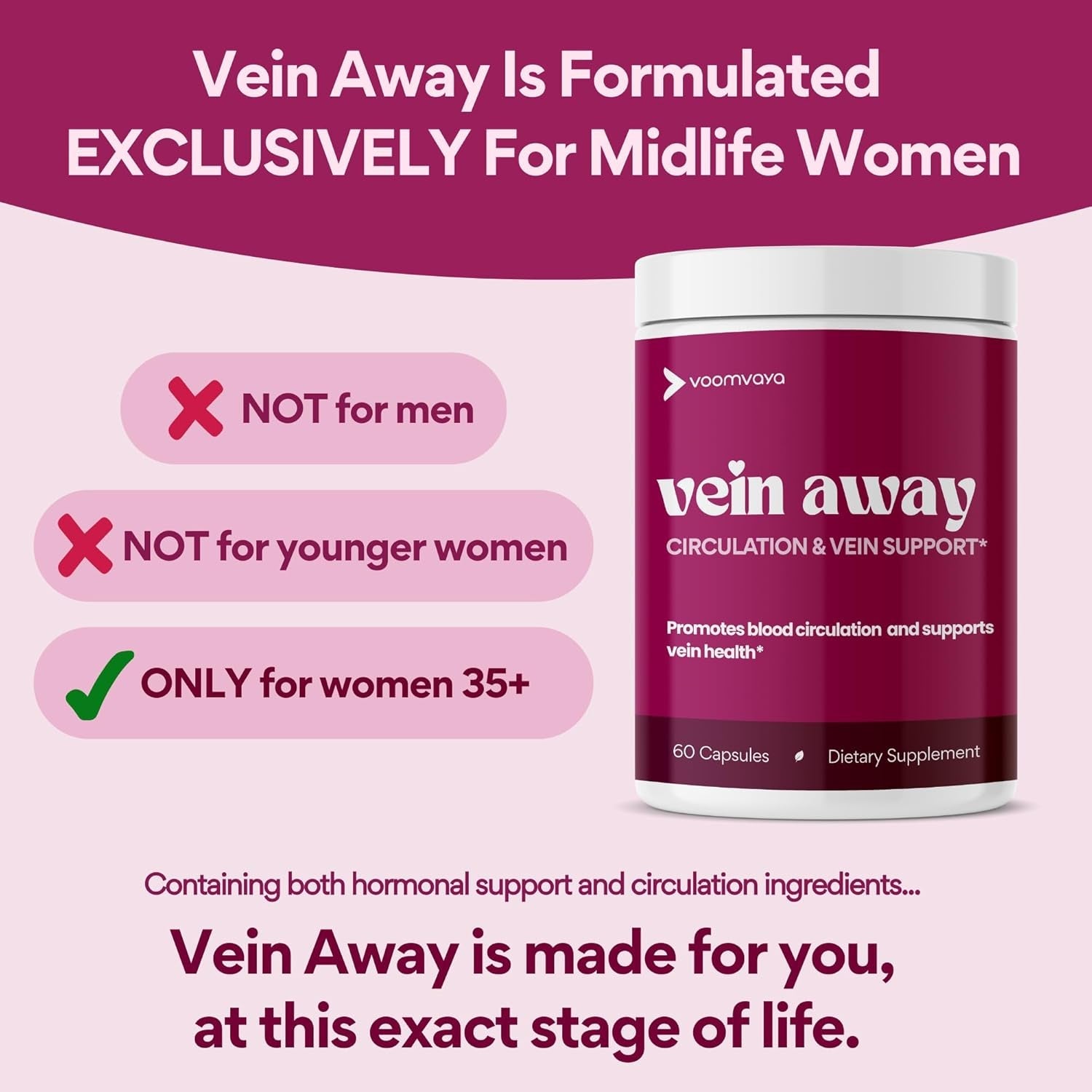 Voomvaya Vein Away – Blood Circulation & Vein Support Supplements for Women 35+ | Spider Veins & Varicose Veins Treatment for Legs | Circulation and Vein Support W/Diosmin & Hesperidin | 60 Capsules