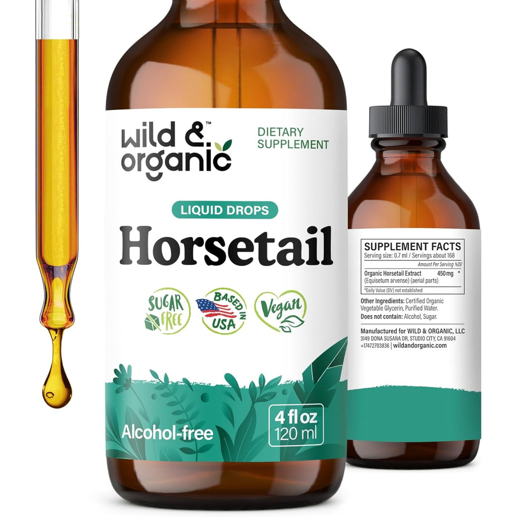 Wild & Organic Horsetail Herb Tincture - Hair Skin and Nails Support - Liquid Horsetail Supplement - Vegan, Sugar & Alcohol-Free Leaf Extract Drops - 4 Fl Oz