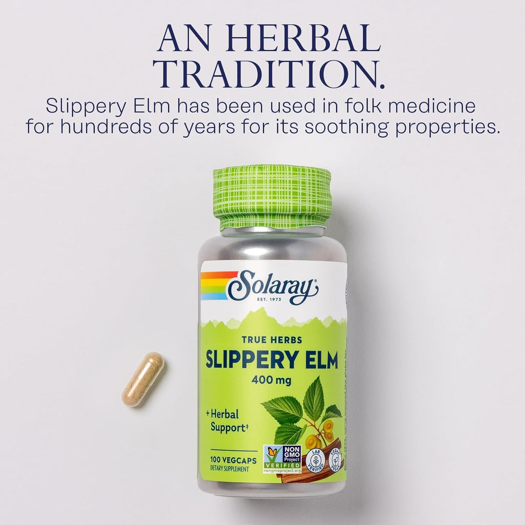SOLARAY Slippery Elm Bark Capsules (Ulmus Rubra) 400 Mg - Soothing Herbal Support with Mucilage - Vegan, Lab Verified, 60-Day Money Back Guarantee - 100 Servings, 100 Vegcaps
