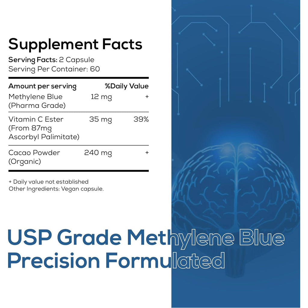 Methylene Blue Pharmaceutical Grade Capsules, 120 Count, 2 Month Supply for Focus & Cognitive Support for Adults - Third Party Tested and Made in USA