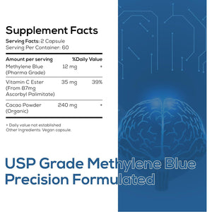 Methylene Blue Pharmaceutical Grade Capsules, 120 Count, 2 Month Supply for Focus & Cognitive Support for Adults - Third Party Tested and Made in USA