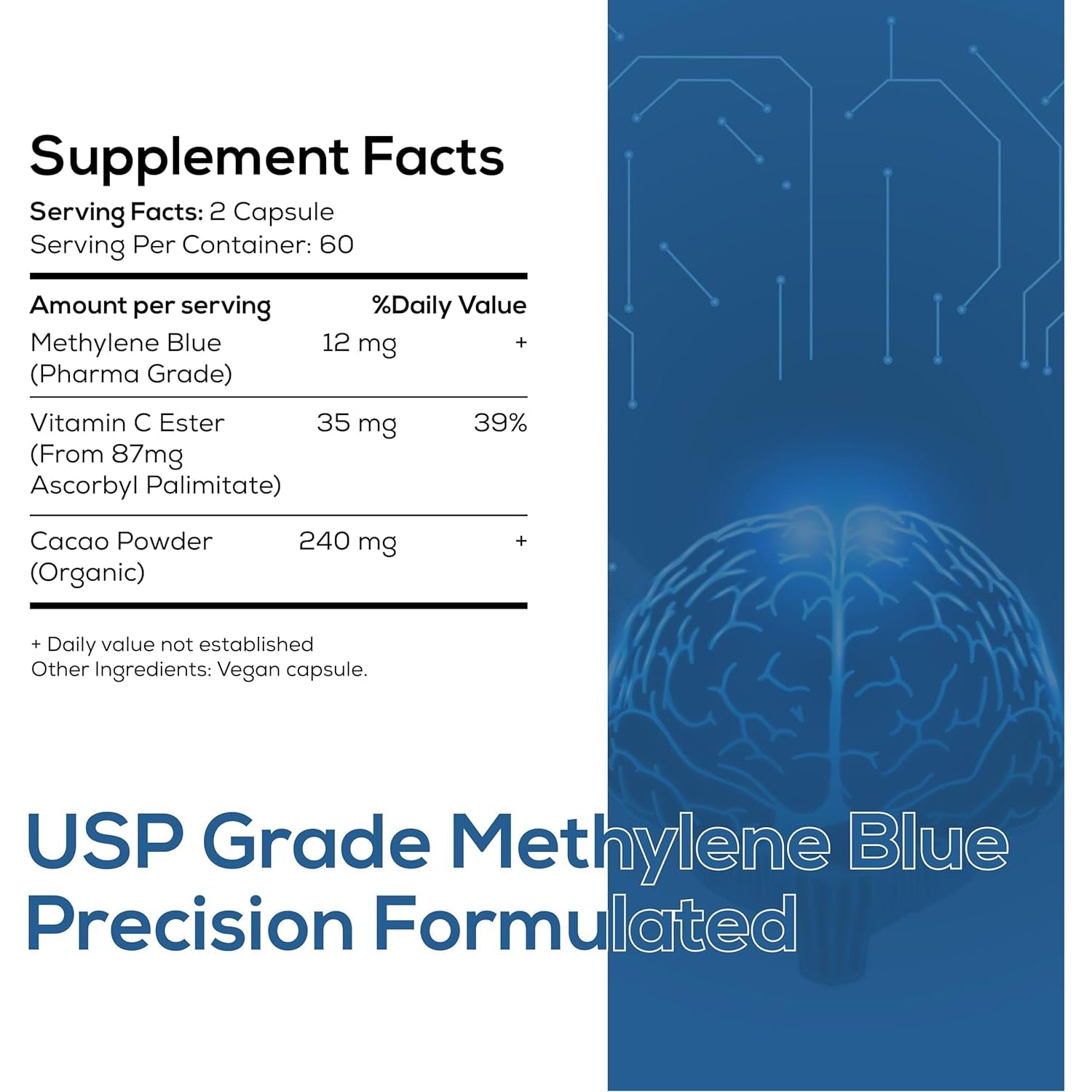 Methylene Blue Pharmaceutical Grade Capsules, 120 Count, 2 Month Supply for Focus & Cognitive Support for Adults - Third Party Tested and Made in USA