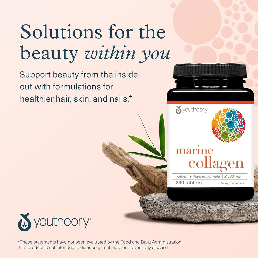 Youtheory Marine Collagen Tablets - 2,500 Mg Fish-Sourced Collagen Peptides- with Vitamins A, C, E, B6 & B12 - Supports Joint & Nail Health* - Highly Absorbable - 290 Tablets (58-Day Supply)