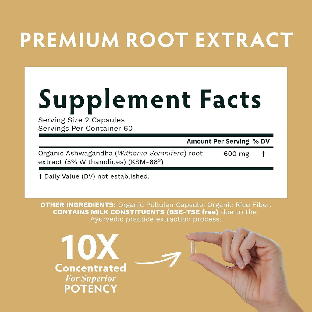 TRIBE ORGANICS Ashwagandha KSM 66 Pure Organic Root Powder Extract Ayurvedic Supplement - Focus, Mood Support, Increase Energy, Strength, 600Mg of Natural KSM66 for Superior Absorption - 120 Capsules