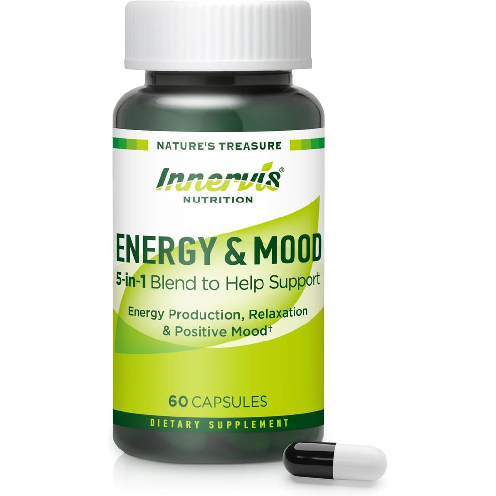 Caffeine Free Natural Energy Boost with Ashwagandha, Maca & Magnesium - Support Stress Relief, Focus & Mood - 60 Capsules by Innervis Nutrition