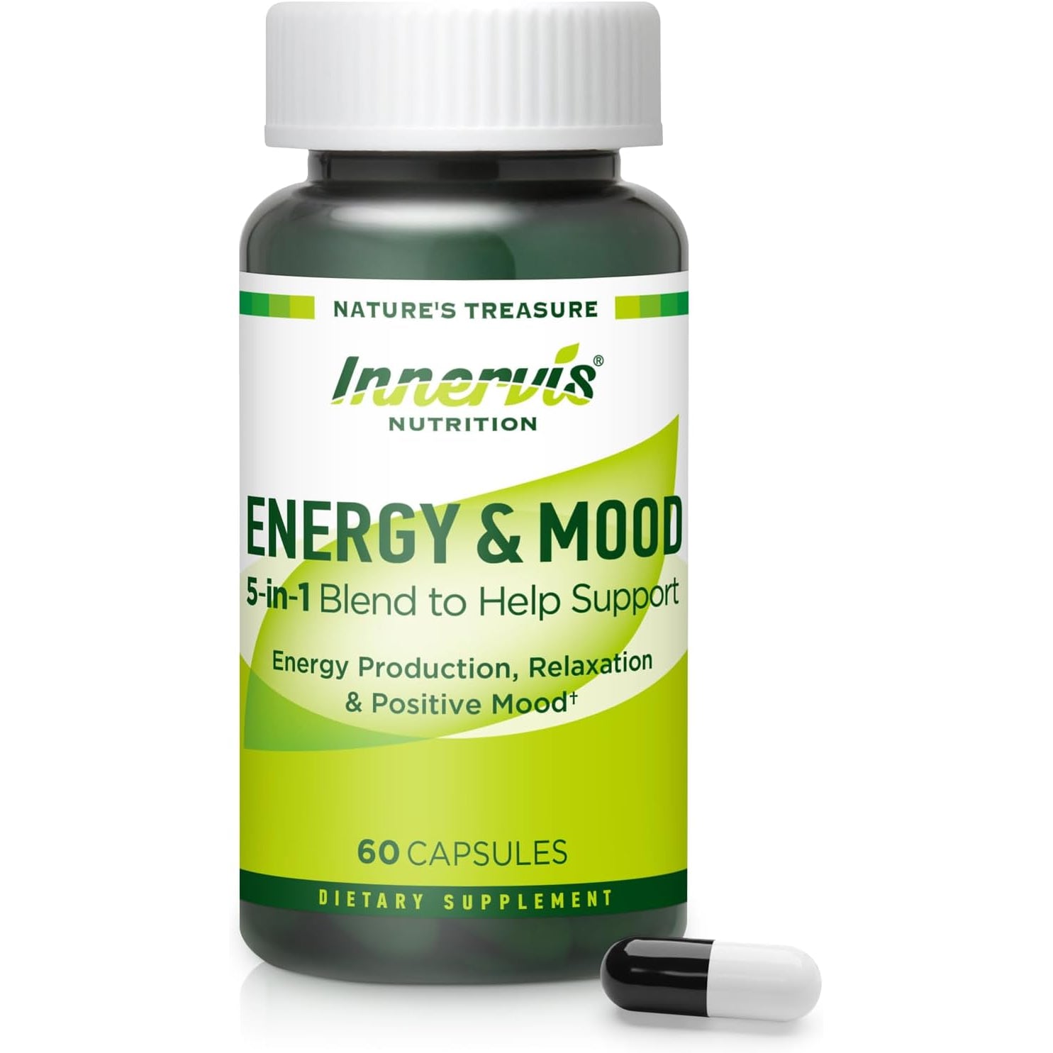Caffeine Free Natural Energy Boost with Ashwagandha, Maca & Magnesium - Support Stress Relief, Focus & Mood - 60 Capsules by Innervis Nutrition