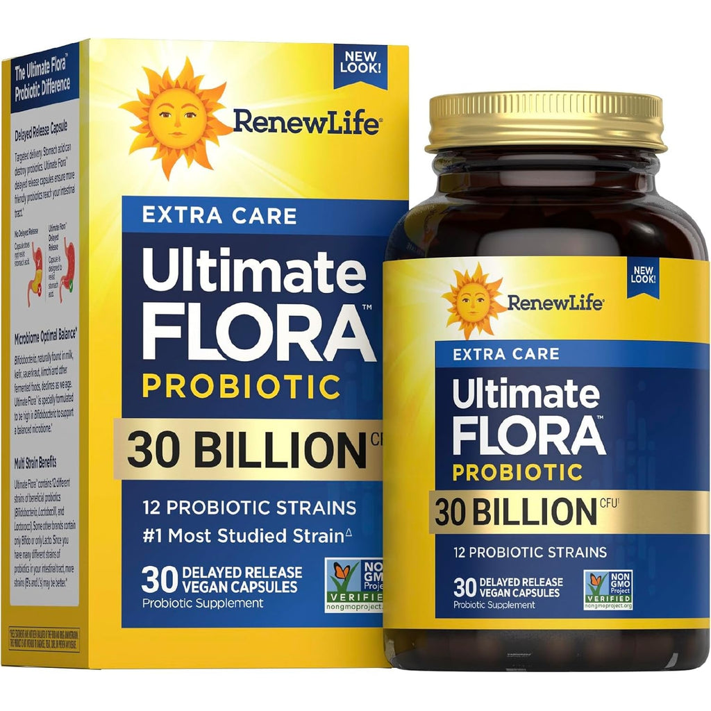 Renew Life Extra Care Digestive Probiotic Capsules, Daily Supplement Supports Immune, Digestive and Respiratory Health, L. Rhamnosus GG, Dairy, Soy and Gluten-Free, 30 Billion CFU, 30 Count