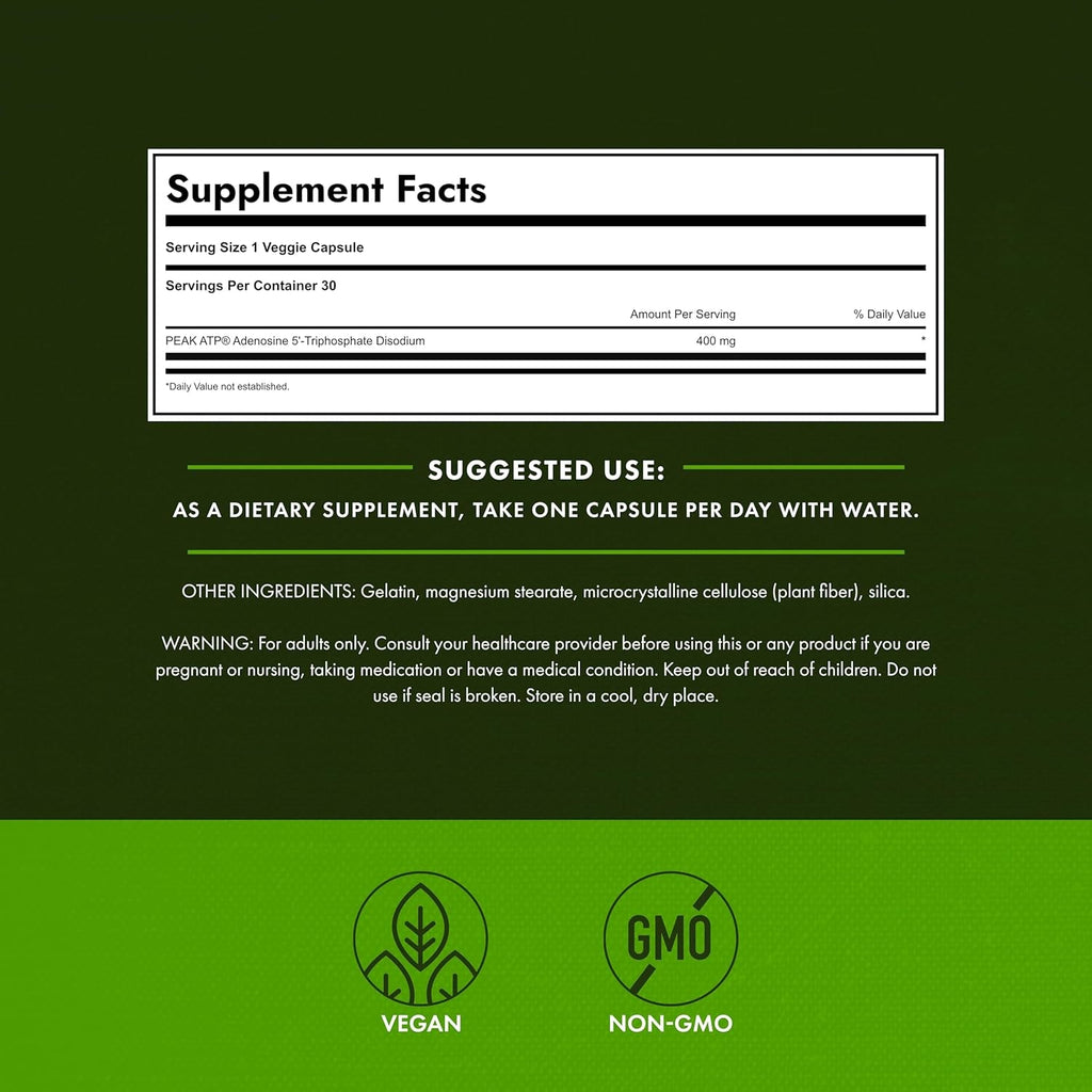 Swanson Maximum Strength Peak ATP Cellular Energy Supplement for Athletes and Active Adults Seeking Performance and Recovery Support - 400 Mg (30 Veggie Capsules)