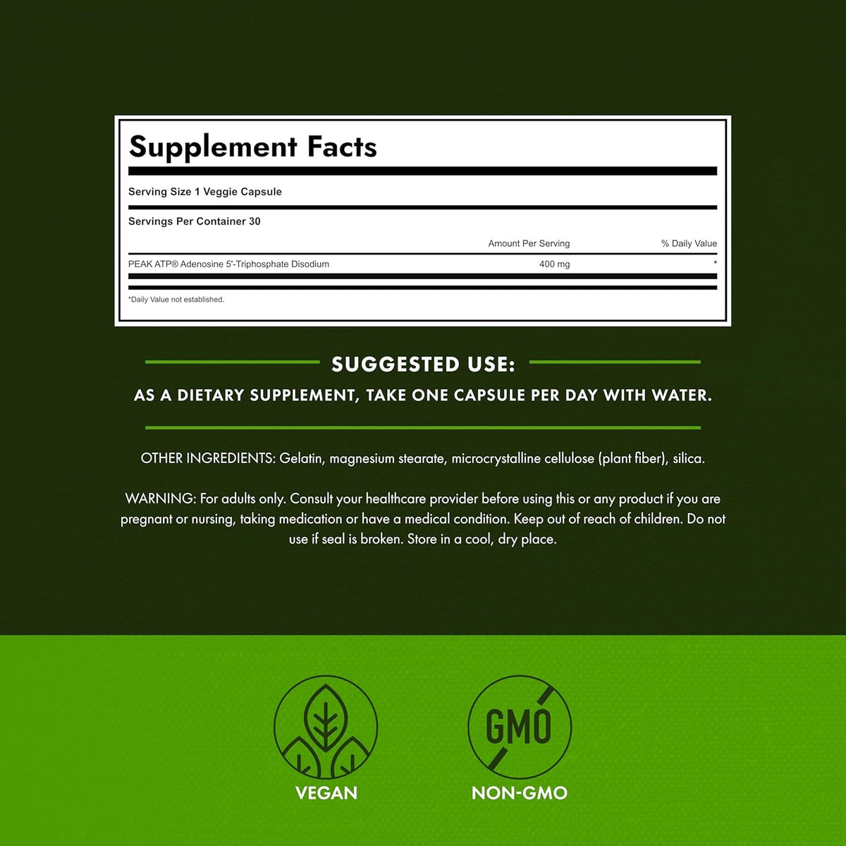 Swanson Maximum Strength Peak ATP Cellular Energy Supplement for Athletes and Active Adults Seeking Performance and Recovery Support - 400 Mg (30 Veggie Capsules)
