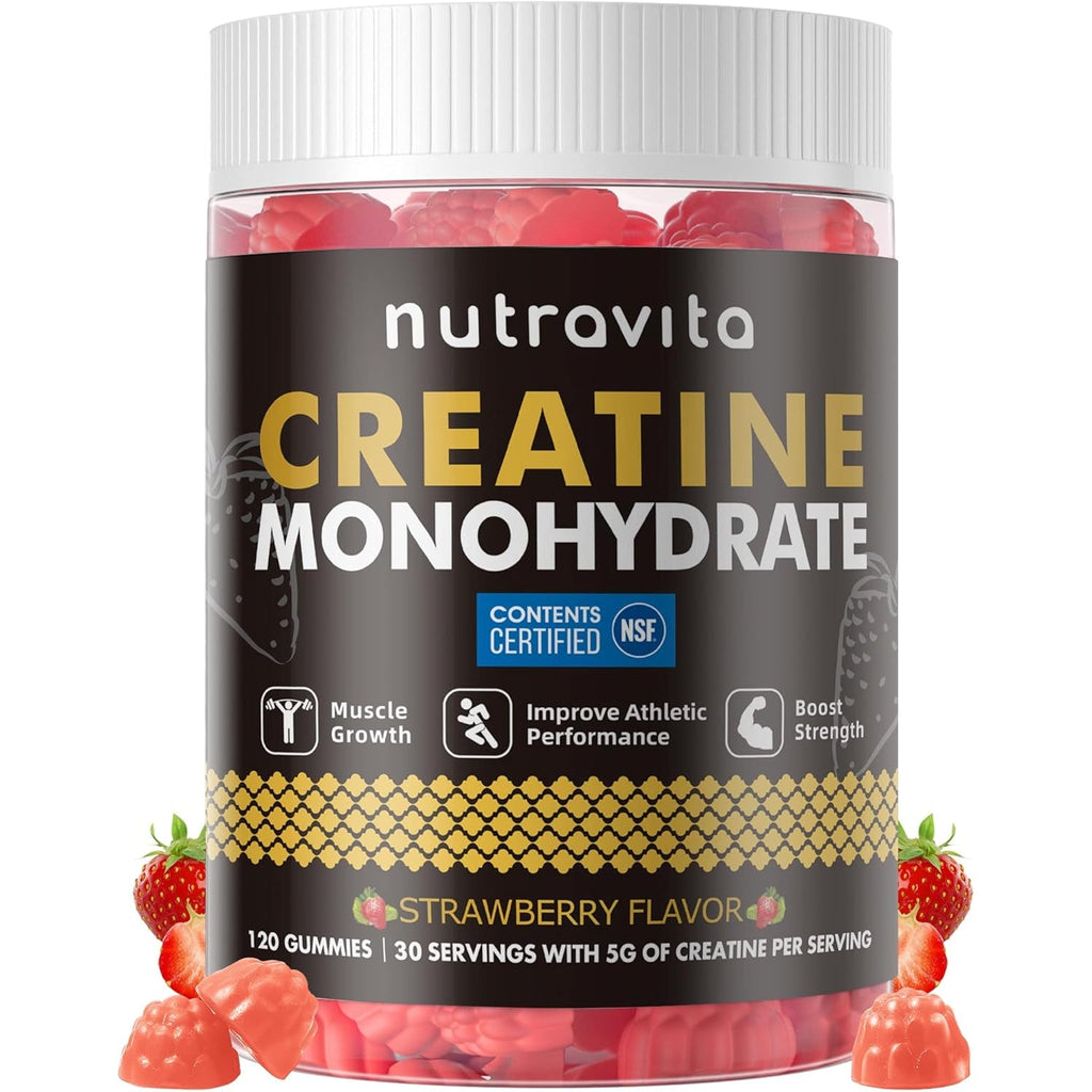 Nutravita NSF Certified Creatine Gummy - Creatine Monohydrate Gummies for Men & Women-5G of Creatine Monohydrate per Serving - Sugar Free,Vegan, Strawberry Flavor, 120 Count