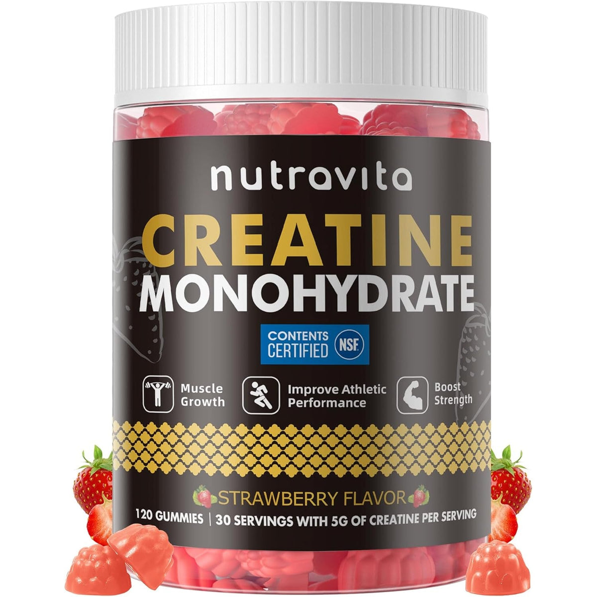 Nutravita NSF Certified Creatine Gummy - Creatine Monohydrate Gummies for Men & Women-5G of Creatine Monohydrate per Serving - Sugar Free,Vegan, Strawberry Flavor, 120 Count