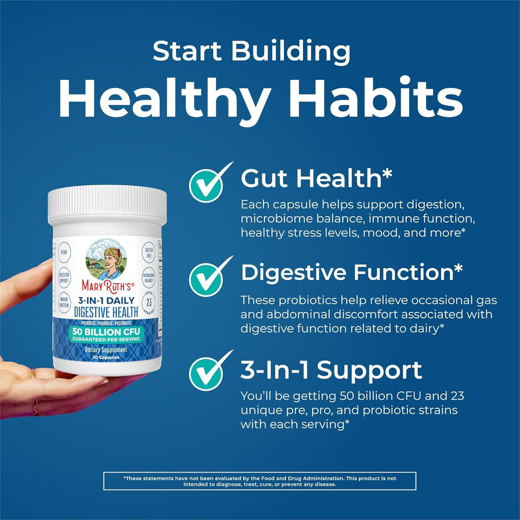 MARYRUTH'S 3-In-1 Probiotics for Digestive Health | Prebiotic & Postbiotic | Gut Health Supplement for Women & Men | 23 Unique Strains | Immune Support | 50 Billion CFU | 30 Servings