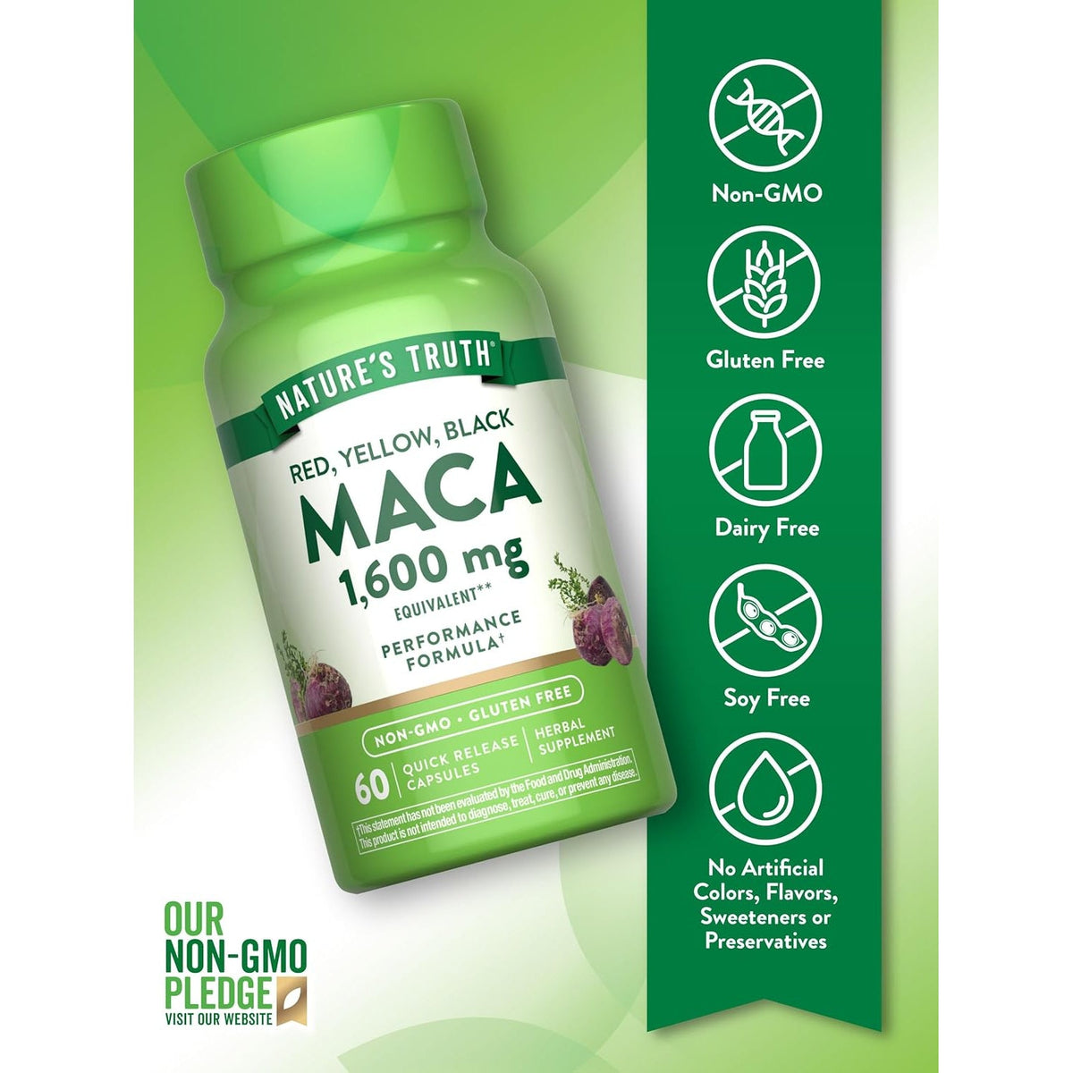 Nature'S Truth Maca Root | 60 Quick Release Capsules | Red, Yellow, and Black | Performance Formula | Non-Gmo & Gluten Free Supplement