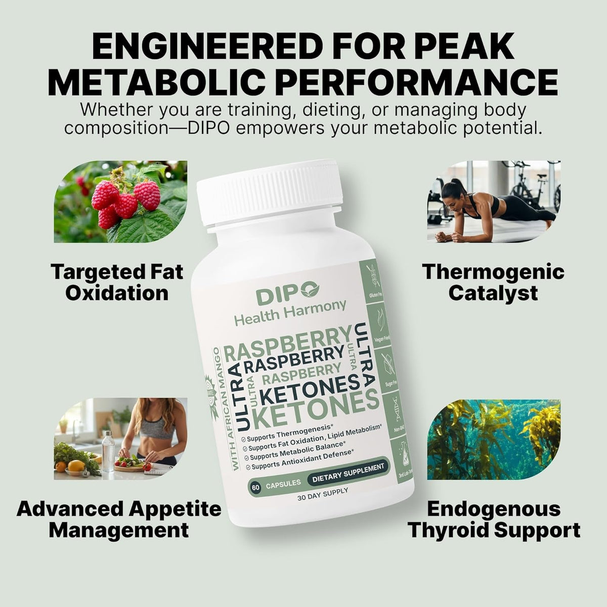 DIPO Raspberry Ketones Ultra 500Mg with African Mango Seed, Green Tea Extract & Apple Cider Vinegar - Metabolism & Healthy Weight Management Supplement for Women & Men - Vegan Non-Gmo, 60 Capsules