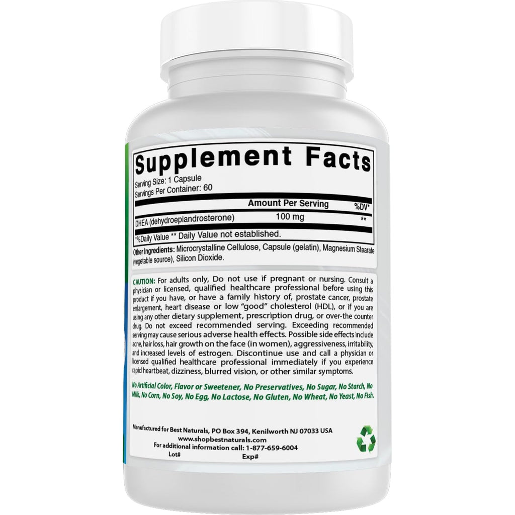 Best Naturals DHEA 100Mg Supplement 60 Capsules - Supports Balanced Hormone Levels for Men & Women - Promotes Healthy Aging - USA Manufactured