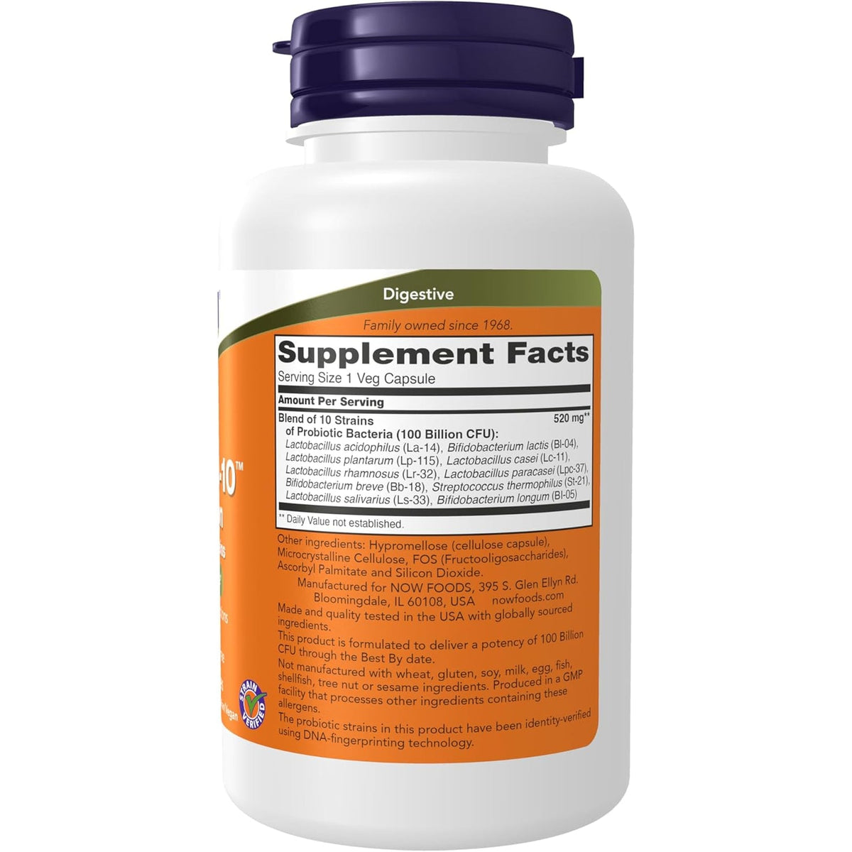 NOW Foods Supplements, Probiotic-10™, 100 Billion, with 10 Probiotic Strains,Dairy, Soy and Gluten Free, Strain Verified, 60 Veg Capsules