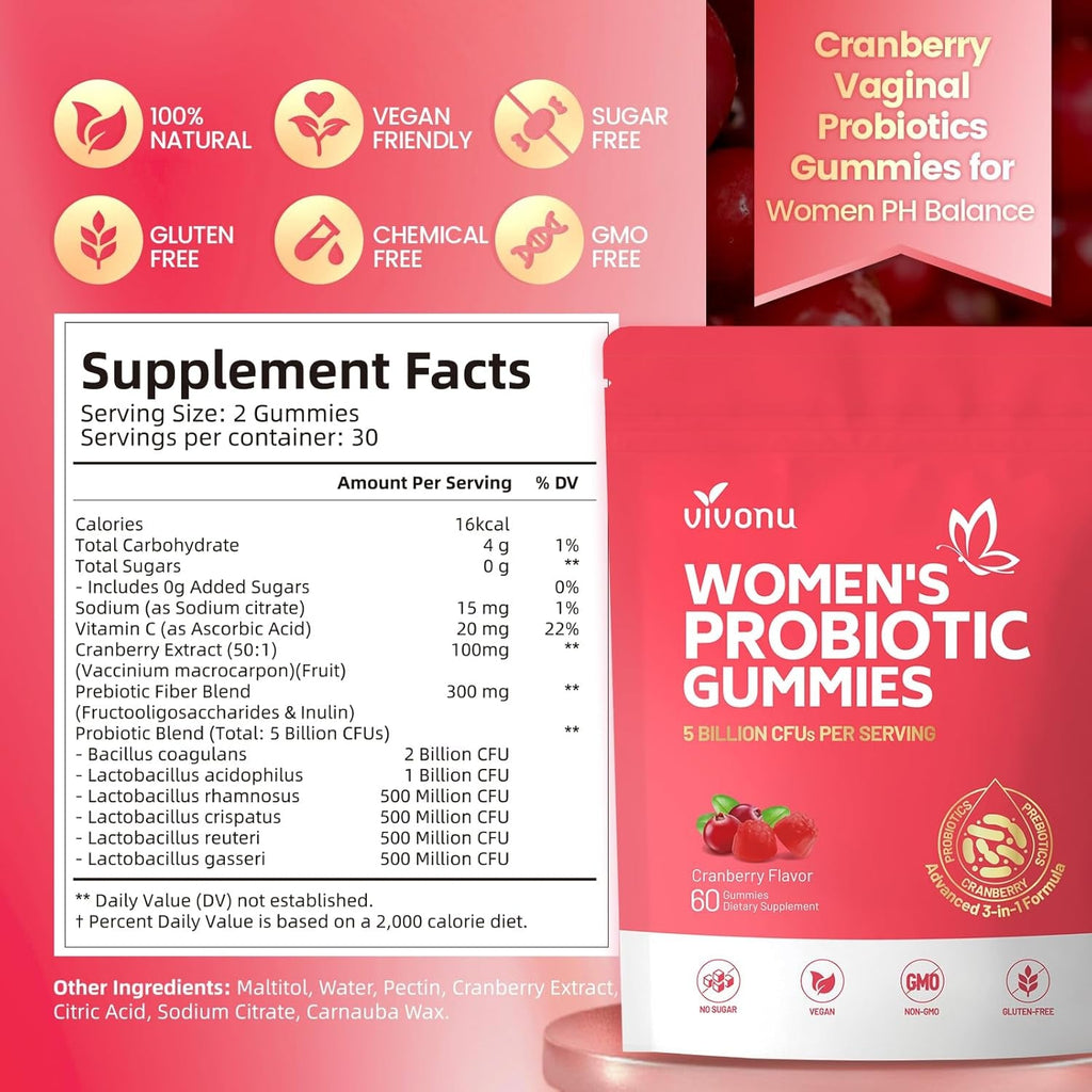 Vivonu Viginal Probiotics for Women, Women Probiotic Gummies, Feminine Balance Gummies, Prebiotic Gummy, Cranberry Probiotics for Woman Vaginigal Health, Yeast Ph Balance| 60 Gummies